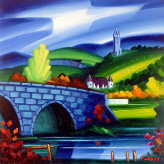 A vibrant painting depicting a stone bridge over a river with a church and trees in a hilly landscape under a blue sky with clouds. By Raymond Murray